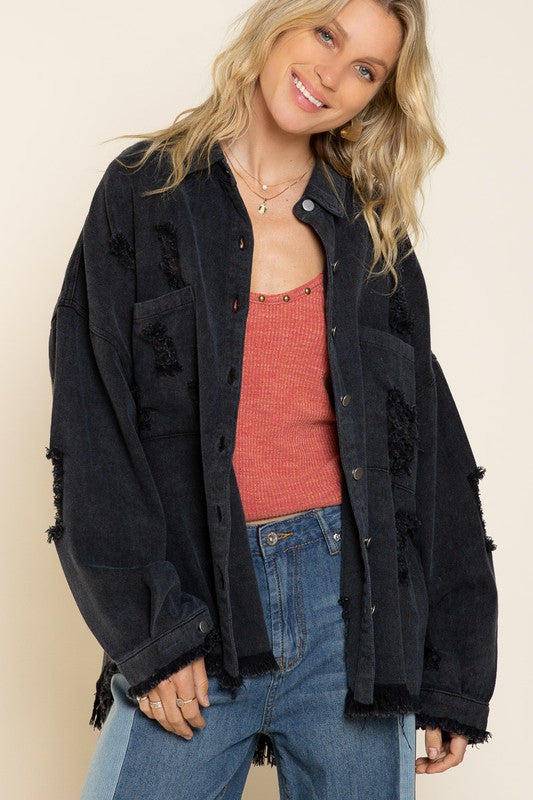 Tegan Fringe Distressed Oversized Jacket