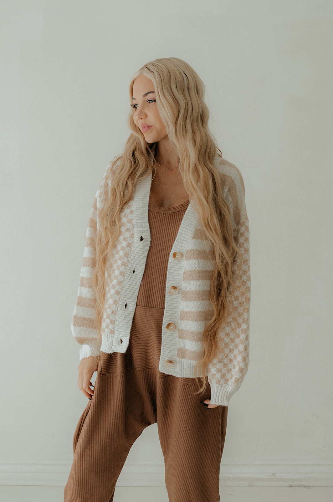 Latte Stiped Checkered Cardigan