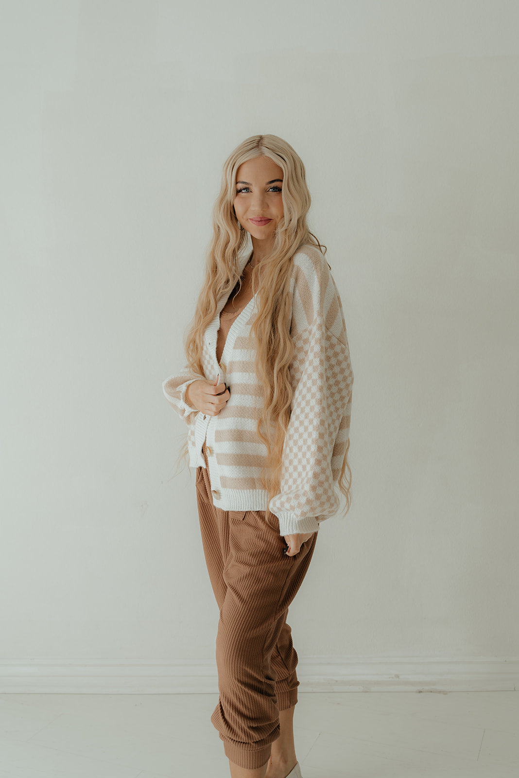 Latte Stiped Checkered Cardigan