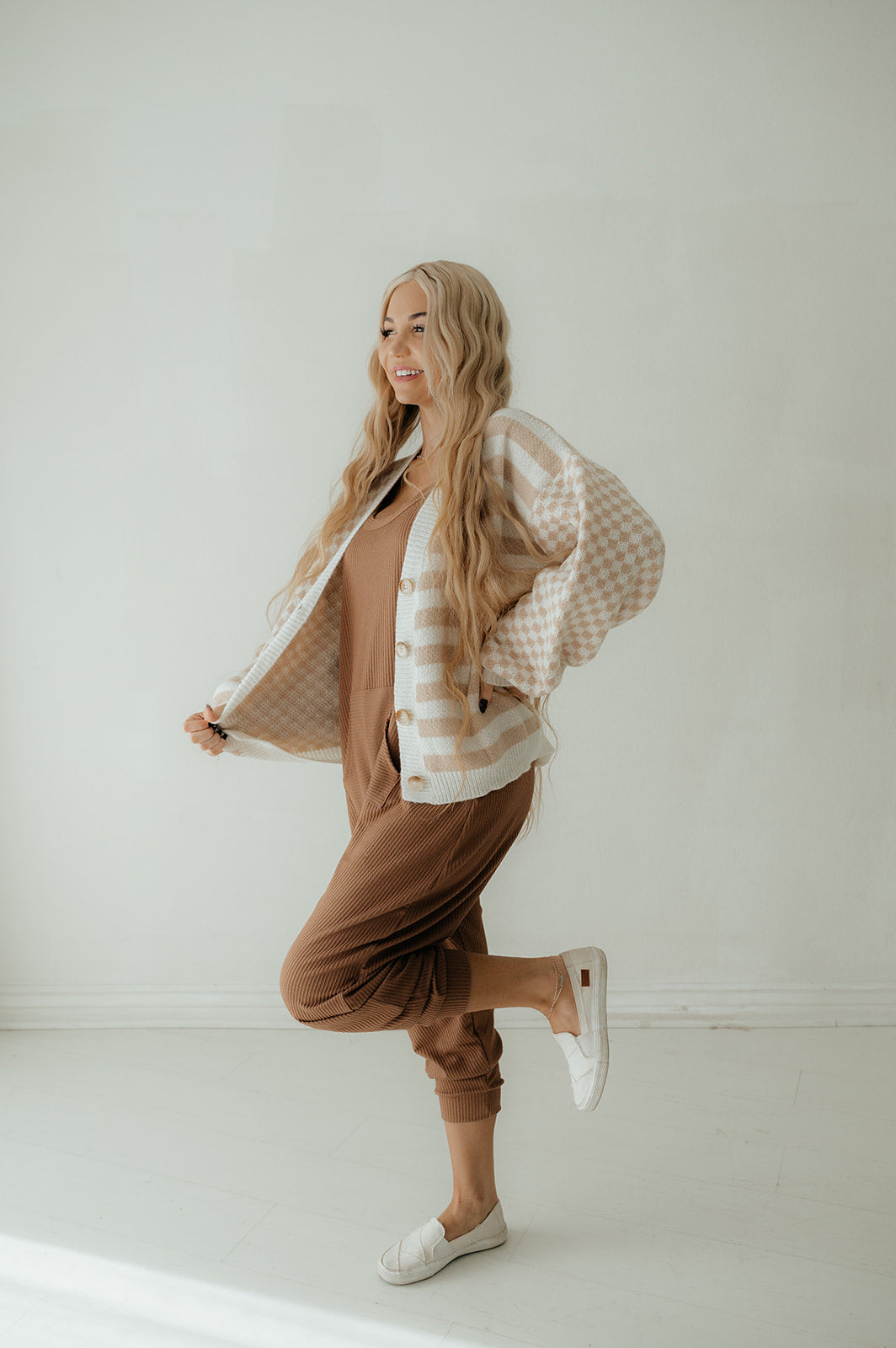 Latte Stiped Checkered Cardigan