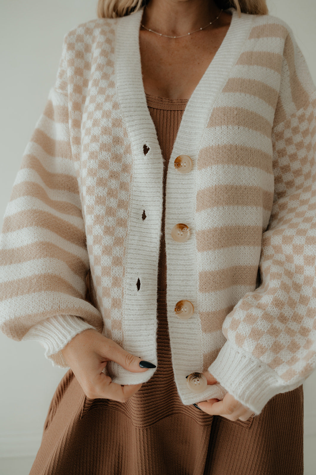 Latte Stiped Checkered Cardigan