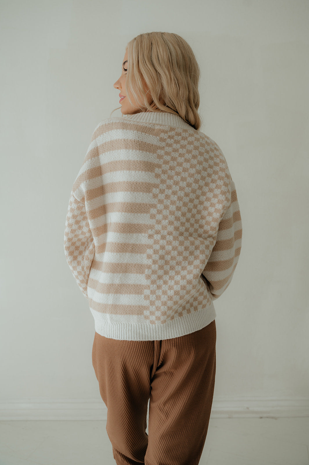 Latte Stiped Checkered Cardigan