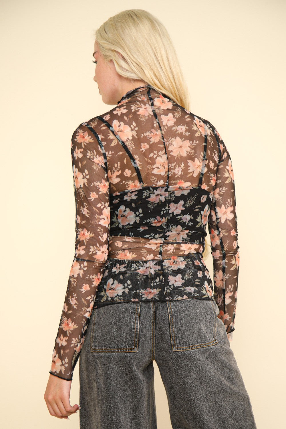 Demie Floral Mock Neck Sheer Mesh Blouse